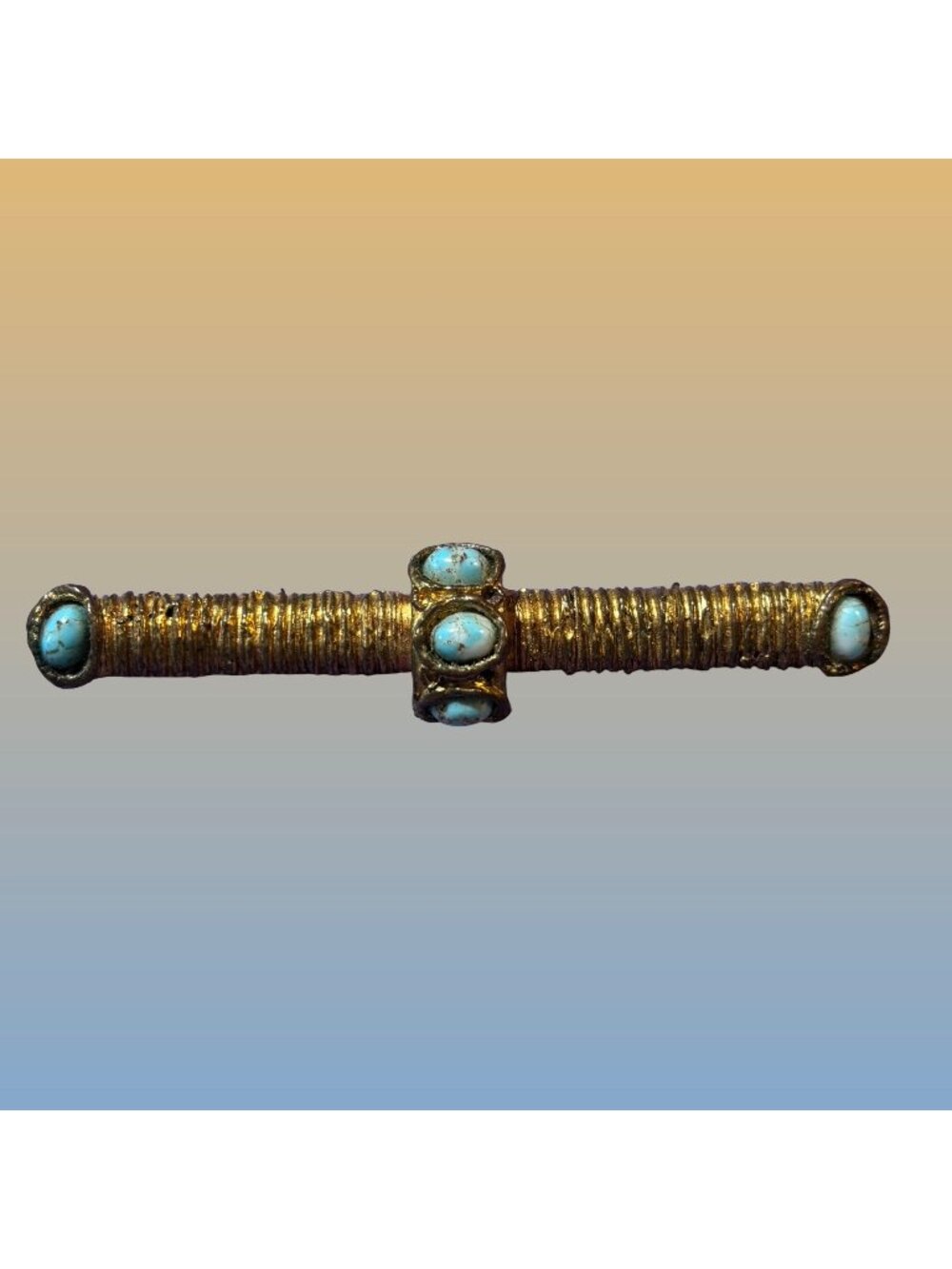Gold Tone Turquoise Cabochons Rope-Like Texture Brooch Bar Pin Statement Vintage